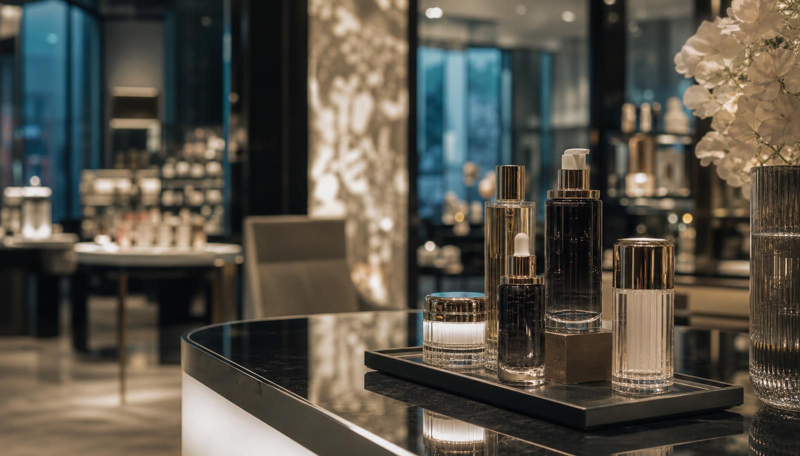 Premium cosmetics products displayed on a counter in a high-end Chinese department store